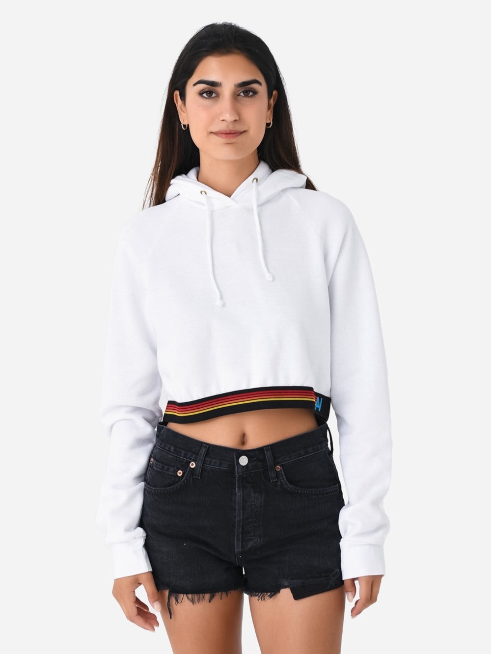 Aviator Nation Women's Logo Stripe Crop Pullover Hoodie White - Medium